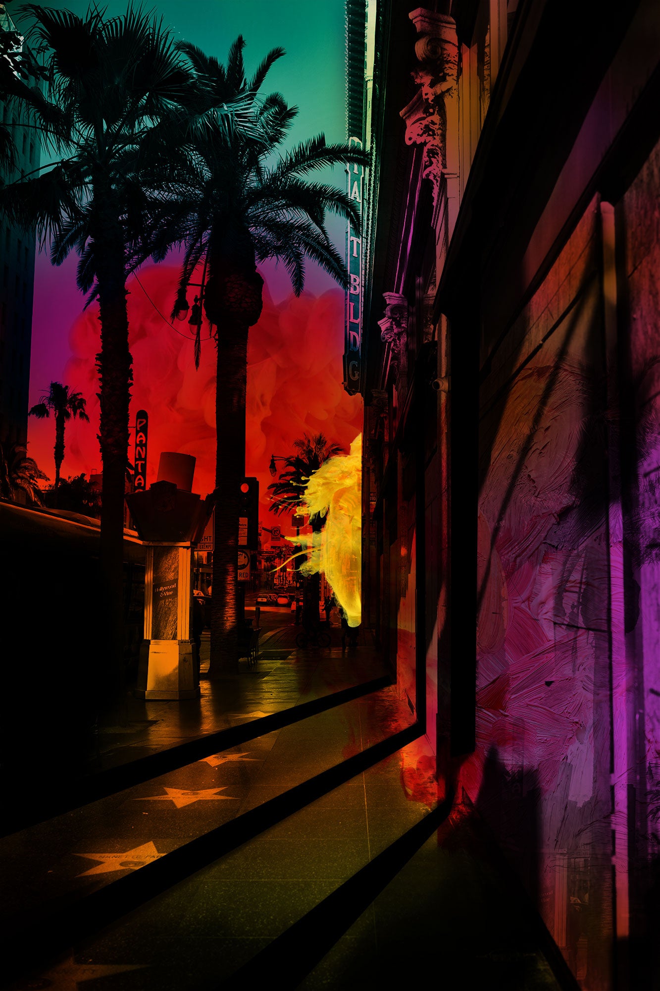 Photographic Digital Collage of Hollywood Blvd with Vibrant Colors and Textured Layers